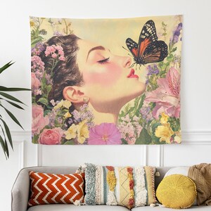 Floral Woman Tapestry, Vintage Aesthetic Wall Tapestry, Retro Tapestry Wall Hanging Bedroom Decor, Feminine Floral Wall Decor, House Gift