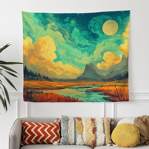 Dreamy River Landscape Tapestry, Mountain Sunset Wall Hanging, Large Nature Tapestry Art Decor, Starry Sky Tapestry, Gift For Home Bedroom