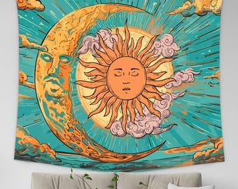 Sun and Moon Tapestry, Celestial Wall Hanging, Cosmic Astrology Decor, Boho Mystical Dorm Art
