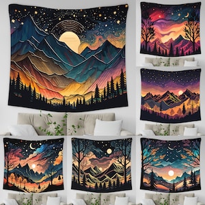 Starry Night Sky Tapestry Decor, Abstract Mountain Wall Hanging, Sunset Tapestry, Nature Landscape Tapestry Wall Hanging, Forest Tapestry