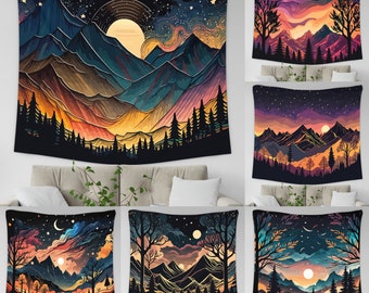 Starry Night Sky Tapestry Decor, Abstract Mountain Wall Hanging, Sunset Tapestry, Nature Landscape Tapestry Wall Hanging, Forest Tapestry