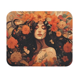 Mouse Pad Boho Girl Floral, Aesthetic Desk Decor, Cute Desk Accessory, Coloful Mousepad, Gift for Her, Gaming Gift, Office Gift, 163