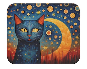 Starry Night Cat Mouse Pad, Cute Vintage Aesthetic Cat Mouse Pad, Retro Desk Decor