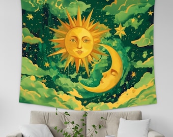 Sun and Moon Tapestry Wall Hanging, Celestial Home Decor, Retro Lunar Art Tapestry, Boho Hippie Room Tapestry, Unique Astrology Wall Hanging