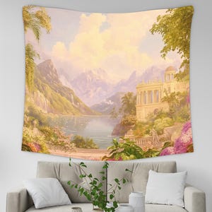 Vintage Landscape Indoor Wall Tapestries, Vintage Coastal Aesthetic Home Decor, Retro Tapestry, Colorful Floral Nature Scene Wall Hanging