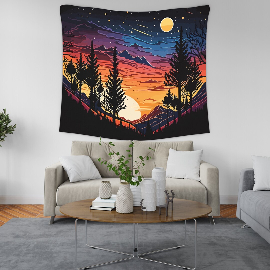 Abstract Landscape Tapestry Starry Night Sunset Tapestry Nature Mounstains Wall Hanging Forest Trees Wall Hanging Boho Wall Tapestry Etsy