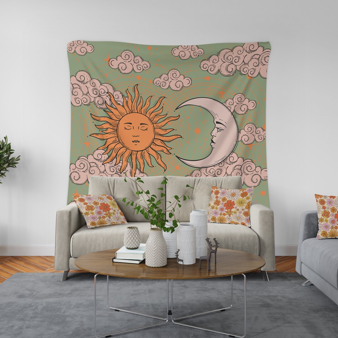 Bohemian Sun Moon Tapestry, Aesthetic Room Decor, Vintage Moon Sun