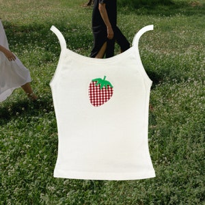Gingham Strawberry Handmade Patchwork Tank Top | Embroidered Applique Fruit Top | Women&#39;s Cotton Shirt | Trendy for Summer