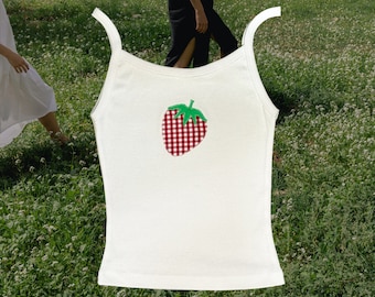 Gingham Strawberry Handmade Patchwork Tank Top | Embroidered Applique Fruit Top | Women's Cotton Shirt | Trendy for Summer