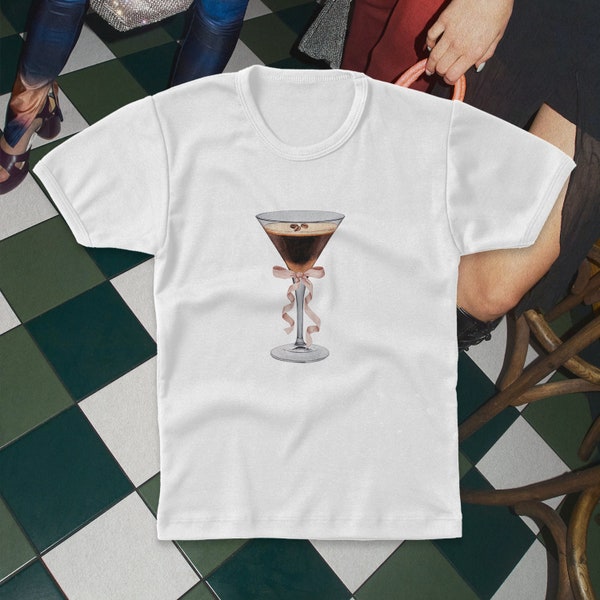 NEW Espresso Martini With a Bow Baby Tee | Women's Graphic T-Shirt | Perfect Gift for Her & All the Espresso Martini Lovers