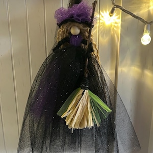13” Handmade Witch with Broom Black and Purple Halloween decor