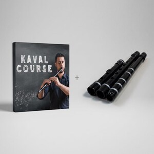 May include: A square instructional poster with the text KAVAL COURSE featuring a person playing a black flute, accompanied by three black flutes with silver rings arranged diagonally to the right of the poster on a plain light background.