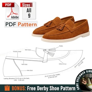 Può includere: Mocassini in camoscio marrone con suole bianche e dettagli con nappe. L'immagine include un modello PDF per le scarpe, con il testo "PDF Pattern" e "Sizes All 9".