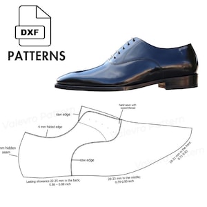 May include: A black leather dress shoe with a glossy finish is displayed next to a DXF file icon and the word PATTERNS. A shoe pattern with measurements in inches is also shown, including a 3 mm hidden seam and a 4 mm folded edge.