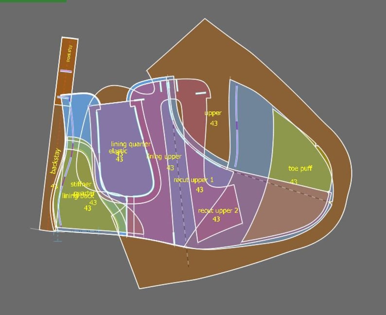 May include: Diagram of a shoe pattern with different sections labeled, including lining quarter, elastic, lining upper, recut upper 1, recut upper 2, toe puff, backstay, and stiffener.