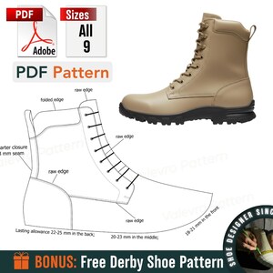 Może przedstawiać: Brązowy skórzany but z czarną podeszwą i rysunek linii buta z wymiarami w mm. Obraz zawiera tekst "PDF Pattern" i "Sizes All 9".