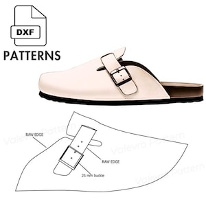 Op de afbeelding: Een witte leren klomp met een zwarte zool en een gespsluiting. De afbeelding bevat ook een DXF-bestandspictogram en het woord "PATTERNS". Onder de klomp staat een diagram van de gesp met de labels "RAW EDGE" en "25 mm buckle".