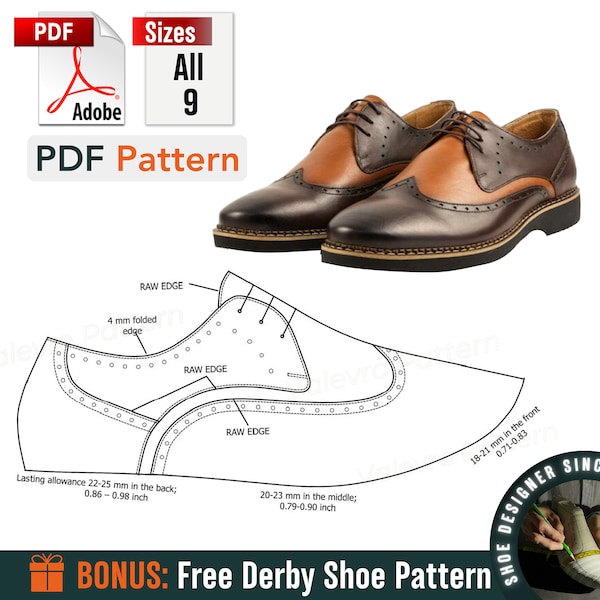 Patrón Digital de Zapatos - Zapatos Casuales con Cordones - Patrones de Zapatos de Costura - Patrones de Calzado de Hombre - Plantillas de Zapatos - Patrones de Zapatos de Cuero PDF