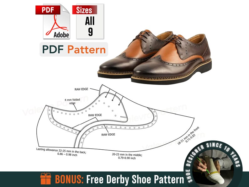 Puede incluir: Un patr&oacute;n PDF para un zapato derby de cuero marr&oacute;n de dos tonos. El patr&oacute;n incluye medidas en mil&iacute;metros e instrucciones para hacer el zapato. El texto "BONUS: Free Derby Shoe Pattern" tambi&eacute;n est&aacute; incluido en la imagen.