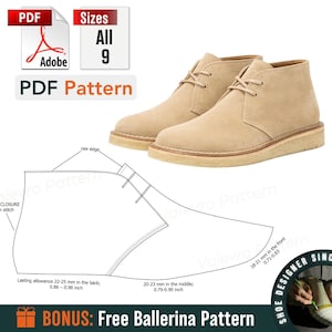 May include: A pair of tan suede chukka boots with a cream-colored sole. The image also includes a PDF pattern for the boots, with measurements in inches, and the text "PDF Pattern" and "Sizes All 9".