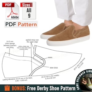 Könnte beinhalten: Ein PDF-Muster für einen Slipper mit rohem Rand und elastischem Detail. Das Muster enthält Anweisungen zum Nähen der oberen Futter und zum Anbringen eines Riemens über der Oberkante. Das Muster ist in allen Größen erhältlich und beinhaltet ein kostenloses Derby-Schuhmuster als Bonus.