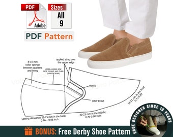May include: A PDF pattern for a slip-on shoe with a raw edge and elastic detail. The pattern includes instructions for sewing the upper lining and applying a strap over the upper edge. The pattern is available in all sizes and includes a bonus free derby shoe pattern.