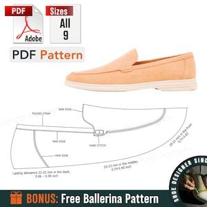 Puede incluir: Se muestra un zapato mocasín color melocotón con suela blanca, junto con un dibujo técnico del patrón del zapato. La imagen incluye texto que indica que hay un patrón PDF disponible en las 9 tallas, con un patrón de bailarina de regalo.