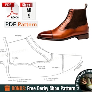 Puede incluir: Una bota de cuero marrón y negro con puntera y diseño con cordones se muestra junto a un patrón PDF para un zapato. El patrón incluye medidas en cm y el texto "PDF Pattern".
