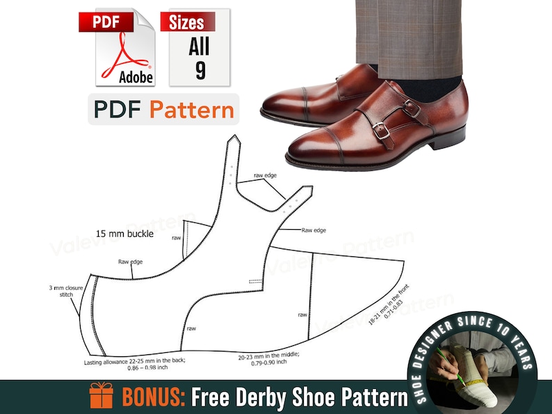May include: A PDF pattern for making a brown leather double monk strap shoe. The pattern includes measurements in millimeters and inches. The image also includes a bonus free derby shoe pattern.
