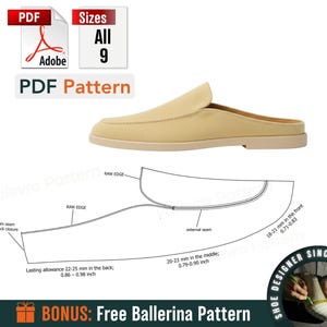 May include: A beige slip-on shoe with a rounded toe is displayed, alongside a PDF pattern with measurements in inches and millimeters. The pattern includes text: "PDF Pattern", "Sizes All 9", and "BONUS: Free Ballerina Pattern".