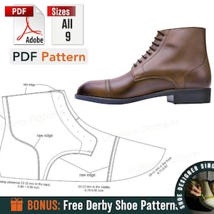 Puede incluir: Un patrón PDF para una bota de cuero marrón con cordones. El patrón incluye instrucciones para la costura y las tolerancias de costura. También se incluye el texto "BONUS: Patrón de zapato Derby gratuito".