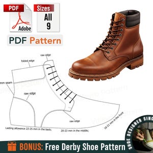 Puede incluir: Una bota de cuero marrón con cuello negro y diseño con cordones se muestra junto a un patrón PDF para la bota. El patrón incluye medidas en mm y etiquetas. El texto en la imagen incluye "PDF Pattern" y "Sizes All 9".