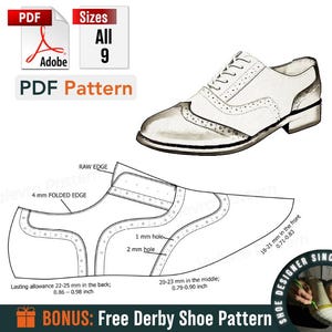 Op de afbeelding: Illustratie van een witte en grijze derby-schoen, met een patroon eronder. De afbeelding bevat tekst: "PDF Pattern", "Maten Alle 9" en afmetingen in mm. Bonus: Gratis Derby Schoen Patroon.