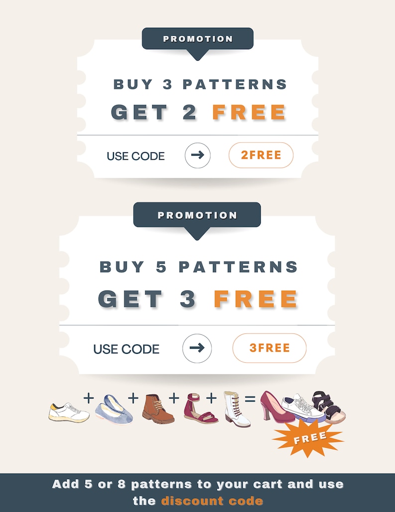 May include: A promotion for buying patterns. Buy 3 patterns, get 2 free, use code "2FREE". Buy 5 patterns, get 3 free, use code "3FREE". Add 5 or 8 patterns to your cart and use the discount code.