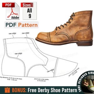 Puede incluir: Una bota de cuero marrón con puntera se muestra junto a un patrón PDF para la bota. El patrón incluye medidas en pulgadas y milímetros. La imagen también incluye el texto "PDF Pattern" y "Sizes All 9".