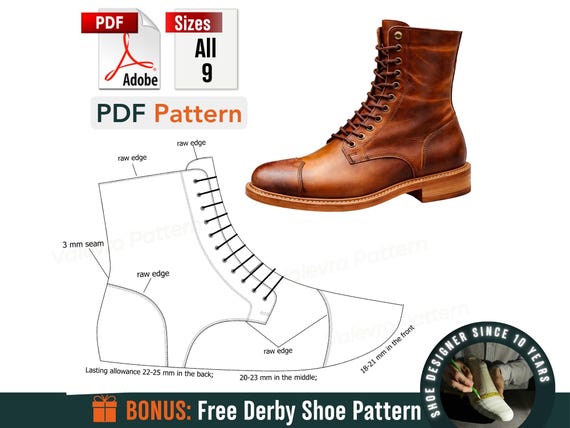 Toe Cap Casual Boots Sewing Pattern PDF – Men’s Leather Boots (All Sizes)