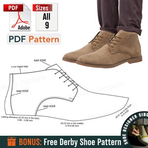 Könnte beinhalten: Eine Linienzeichnung eines Schuhmusters mit Maßen in Millimetern. Das Muster ist für einen Herren-Stiefeletten. Der Text "PDF Pattern" befindet sich oben im Bild. Der Text "BONUS: Free Derby Shoe Pattern" befindet sich unten im Bild.