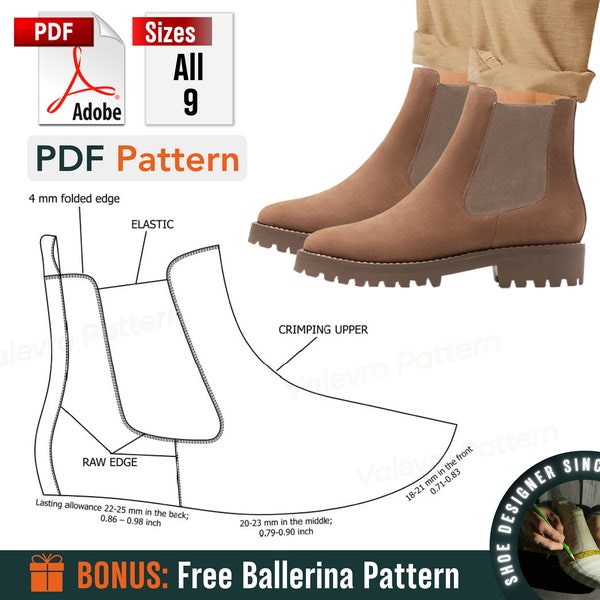 Digital Pattern shoes PDF, Chelsea Women Boot all 9 sizes