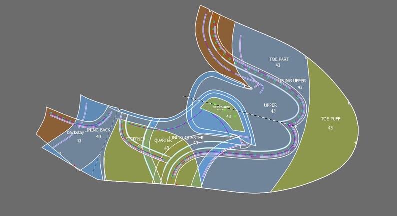 Puede incluir: Un diagrama de un zapato con diferentes secciones etiquetadas, incluyendo "Toe Part", "Upper", "Linning Upper", "Linning Back", "Quarter", y "Backstay".