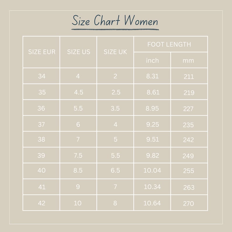 K&ouml;nnte beinhalten: Eine beige Tabelle mit dem Titel "Size Chart Women", die Schuhgr&ouml;&szlig;en-Umrechnungen f&uuml;r EUR, US und UK-Gr&ouml;&szlig;en zeigt. Die Fu&szlig;l&auml;nge wird in Zoll und Millimetern angegeben, von 211 mm bis 270 mm.
