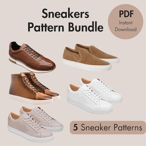 Può includere: Un assortimento di cinque diversi modelli di sneakers è esposto su uno sfondo neutro. Le sneakers includono pelle marrone, slip-on in camoscio, stringate bianche e sneakers grigio chiaro. Il testo recita "Sneakers Pattern Bundle" e "5 Sneaker Patterns".