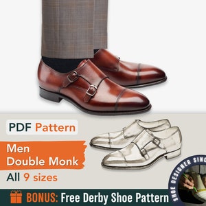May include: A PDF pattern for men's double monk shoes in all 9 sizes. The image shows a pair of brown leather shoes with double buckles. The text "BONUS: Free Derby Shoe Pattern" is also included.