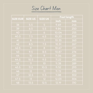 May include: Size chart for men's shoes, showing European, US, and UK sizes, along with corresponding foot length in inches and millimeters.