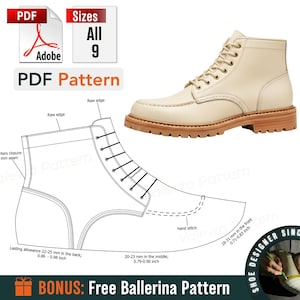 Może przedstawiać: Kremowy but z brązową podeszwą i sznurowadłami jest wyświetlany obok rysunku linii buta. Obraz zawiera tekst "PDF Pattern" i "Sizes All 9". Obraz zawiera również tekst "BONUS: Free Ballerina Pattern".
