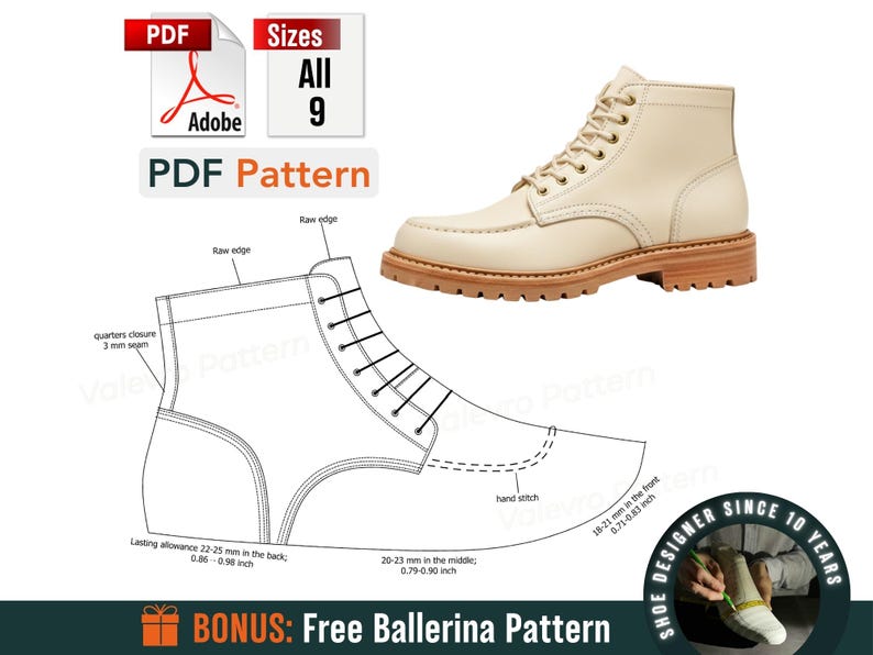 May include: A cream-colored boot with a brown sole and laces is displayed next to a line drawing of the boot. The image includes text that says "PDF Pattern" and "Sizes All 9". The image also includes the text "BONUS: Free Ballerina Pattern".
