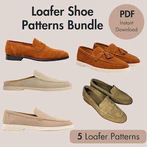 Könnte beinhalten: Das Bild zeigt fünf verschiedene Loafer-Schuhmuster in verschiedenen Braun- und Beigetönen. Die Designs umfassen Quasten- und Schlupfmodelle. Der Text lautet "Loafer Shoe Patterns Bundle" und "PDF Instant Download". Der Text "5 Loafer Patterns" ist ebenfalls enthalten.