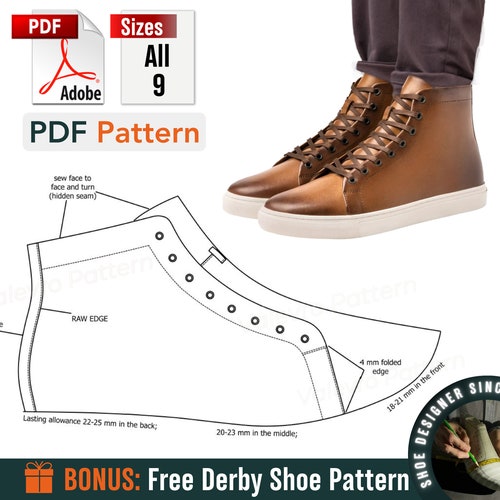 Naaipatroon hoge sneakers: doe-het-zelfschoenen voor heren (maten 39-47 EUR) (pdf-patroon)