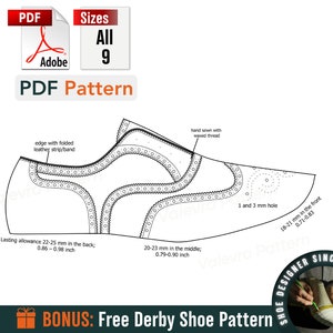 May include: A black and white line drawing of a shoe pattern with measurements in millimeters and inches. The pattern includes details like a folded leather strip, hand-sewn stitching, and 1 and 3 mm holes. The text "PDF Pattern" and "BONUS: Free Derby Shoe Pattern" are also included.