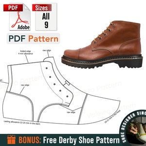 Può includere: Un disegno in bianco e nero di un modello di stivale con misure in millimetri. Il testo "PDF Pattern" è in alto nell'immagine. Il testo "BONUS: Free Derby Shoe Pattern" è in basso nell'immagine.