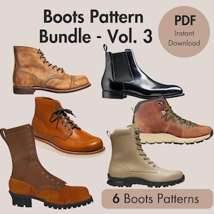 Könnte beinhalten: Ein Bild mit sechs verschiedenen Stiefelmustern. Die Stile umfassen braune Leder-Arbeitsstiefel, einen schwarzen Chelsea-Boot und beige Wanderstiefel. Der Text lautet "Boots Pattern Bundle - Vol. 3" und "6 Boots Patterns".
